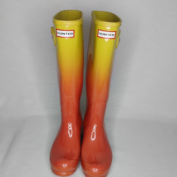 Hunter Boots Rain Tall Glossy Wellies Like New Rare Sunset Ombre Coral Yellow 7 - Picture 5 of 16